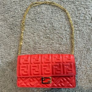 Fendi Red Embossed Crossbody Bag with Gold Chain